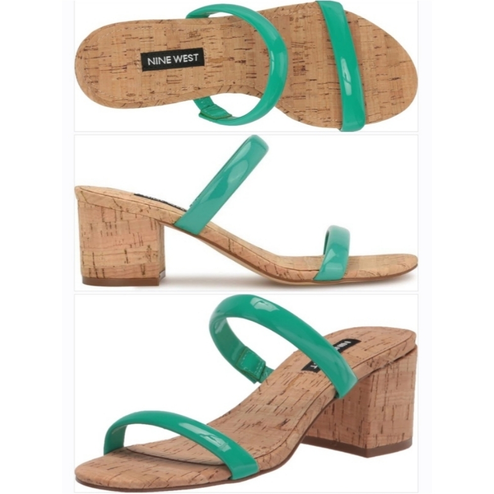 NIB NINE WEST Tae3 Cork Block Heel Summer Sandals in Retro Green 7.5